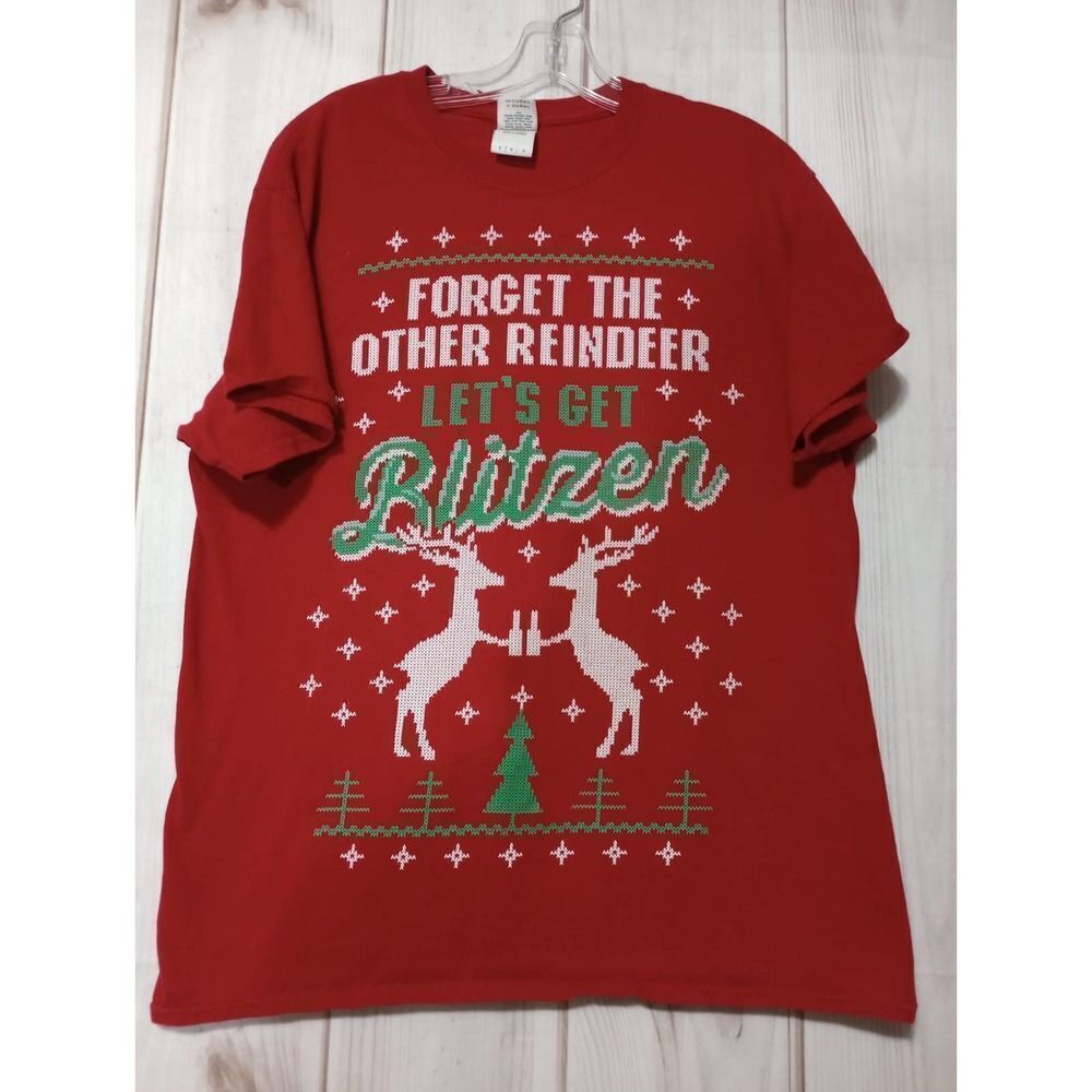 Gildan Mens Christmas T-Shirt Red Lets Get Blitzen Reindeer Graphic Tee Large